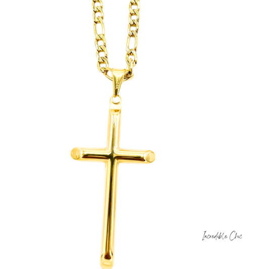 Incredible Chic 14K/24K Gold-Tone Cross Pendant Necklace on 4mm Figaro Chain – 22" Unisex Fashion Jewelry for Layering or Solo Wear - Incredible Chic Collections® LLC