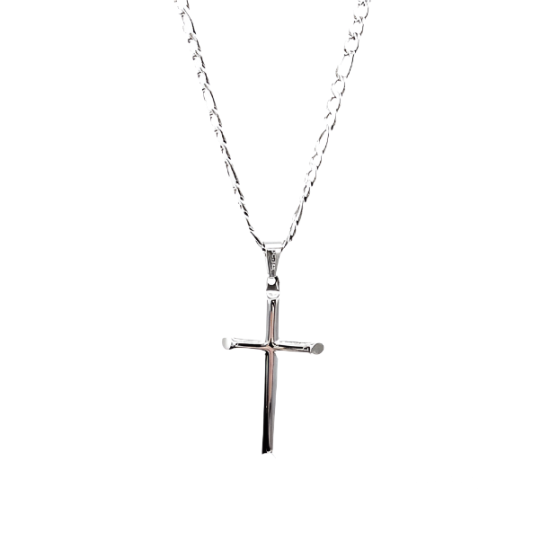 Stunning 14K/24K White Gold Cross Pendant on 4mm Figaro Chain. Versatile Fashion Jewelry – Wear Solo or with Pendant. 22 Inches.