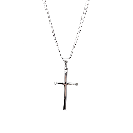Stunning 14K/24K White Gold Cross Pendant on 4mm Figaro Chain. Versatile Fashion Jewelry – Wear Solo or with Pendant. 22 Inches.