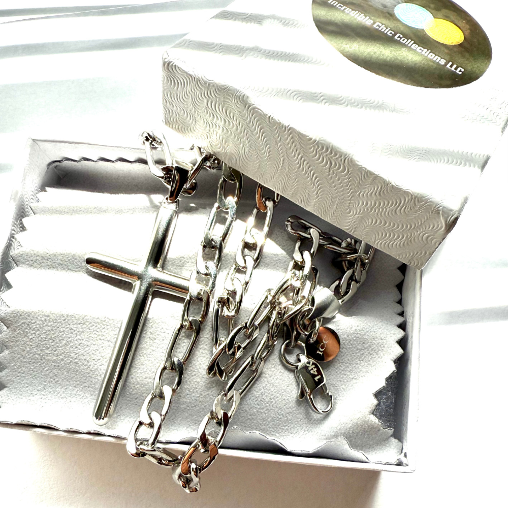 14K White Gold Filled Cross Pendant Necklace on 5mm Figaro Chain, 18",20" – Lifetime Warranty Included - Incredible Chic Collections® LLC