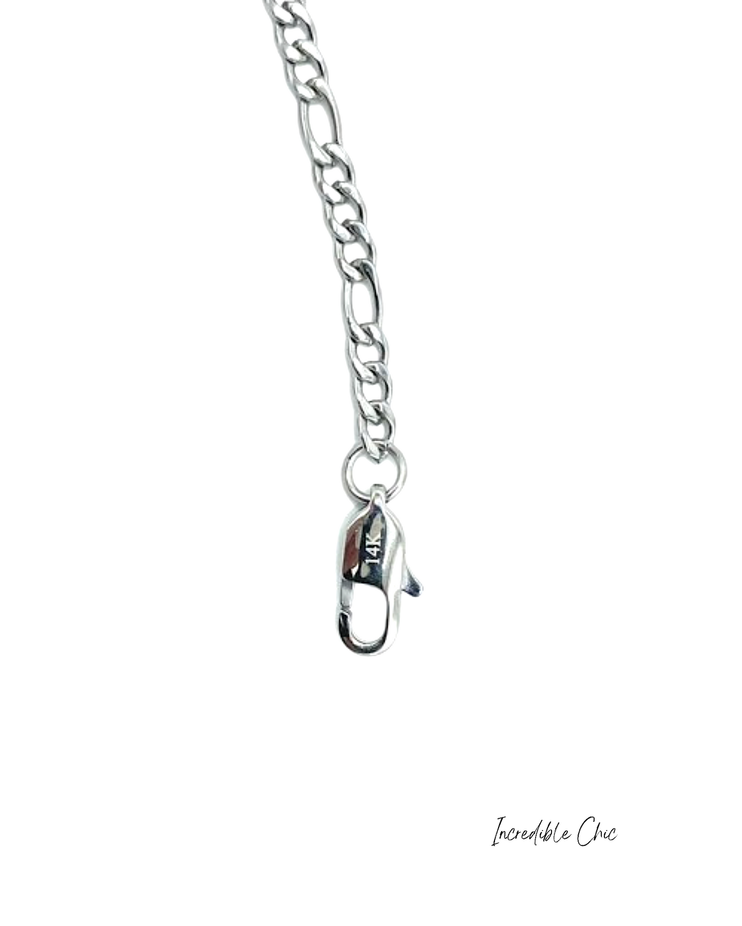 Stunning 14K/24K White Gold Cross Pendant on 4mm Figaro Chain. Versatile Fashion Jewelry – Wear Solo or with Pendant. 22 Inches.