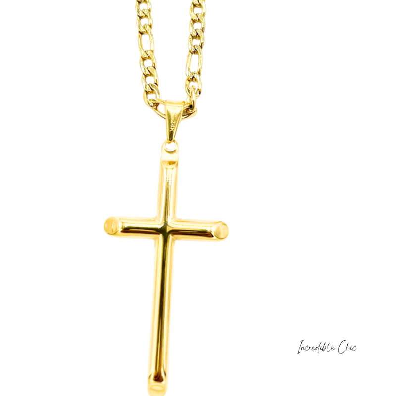 Figaro Link Chain With Cross in Yellow Gold 4MM - 22” - Unisex Unisex