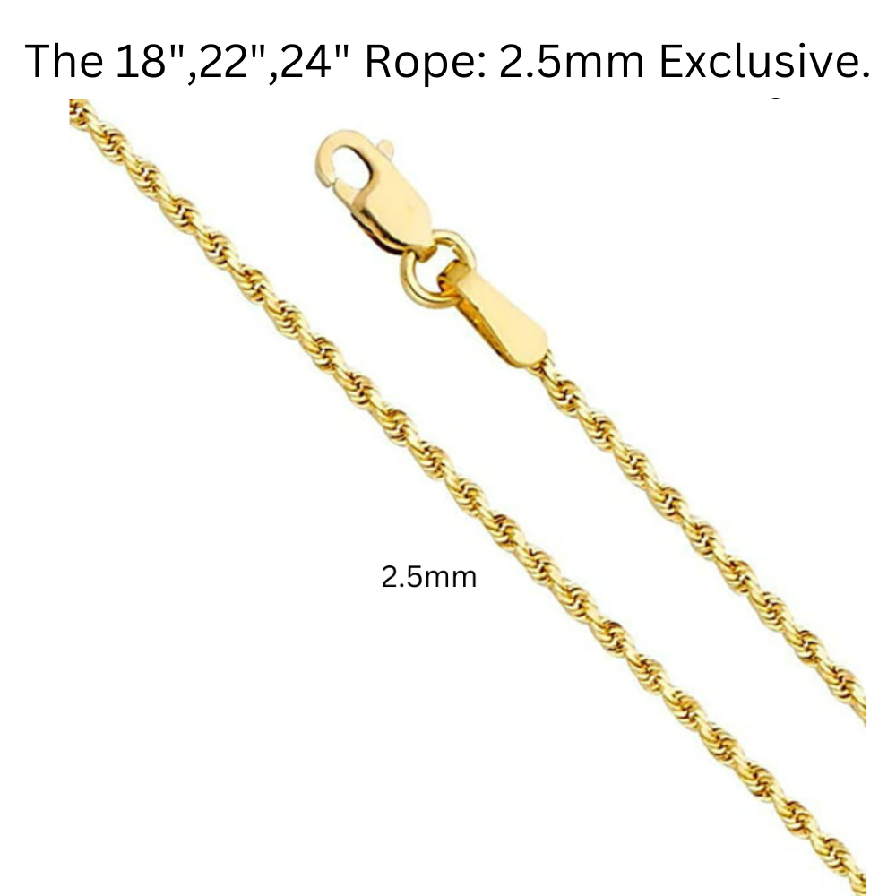 Collar con colgante de cruz estilo cadena de cuerda de oro de 24 quilates, 2,5 mm o 3 mm, cierre sólido - 18 "20"