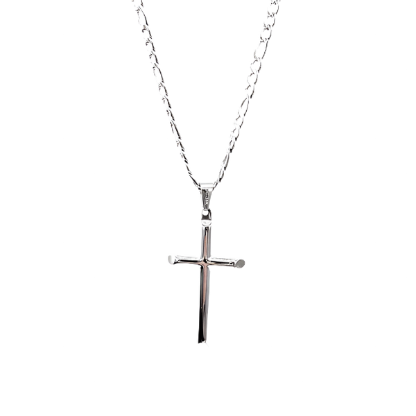 Stunning 14K/24K White Gold Cross Pendant on 4mm Figaro Chain. Versatile Fashion Jewelry – Wear Solo or with Pendant. 22 Inches.