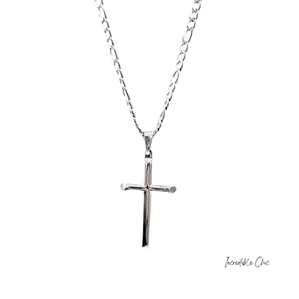 14K or 24K Mens Women White Gold Cross Pendant 4mm Figaro Chain in 14k Necklace for men women boys girls teens Fashion Jewelry,Wear Alone or with Pendant, 22 Inch