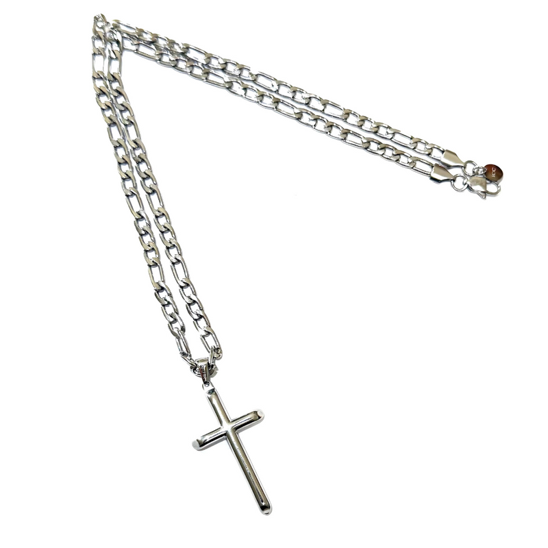 Figaro Link Chain With Cross in White Gold 5MM 18