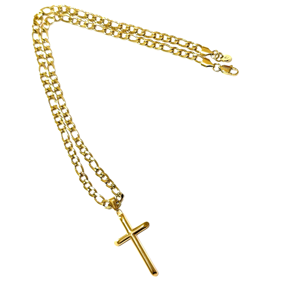 Stunning 14K Gold Filled Chain 24K Gold Filled Cross Pendant on 5mm Figaro Chain. Versatile Fashion Jewelry – Wear Solo or with Pendant. 18,20 Inches. - Incredible Chic Collections® LLC