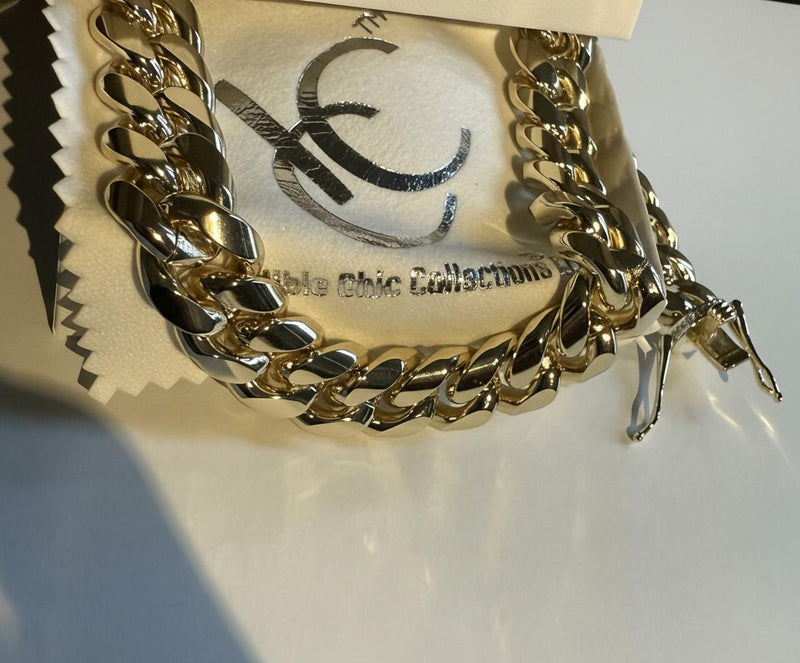 14mm Miami Cuban Link Necklace in 14K Heavy Yellow Gold Overlay Zircon Stone Clasp– Incredible Chic Men’s Jewelry