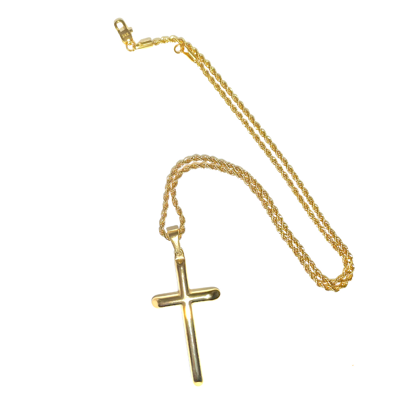 Rope Chain Cross Pendant Necklace in 24K Yellow Gold, 2mm 18