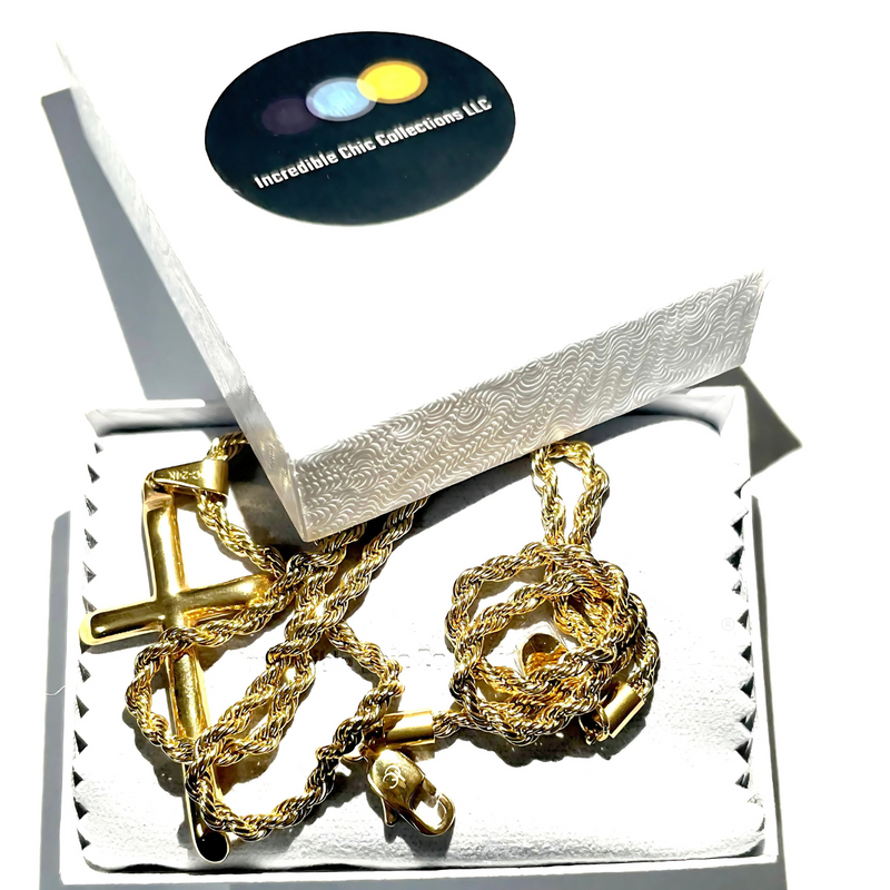 Rope Chain Necklace with Cross Pendant in 24K Gold, 3mm 18