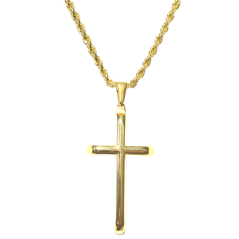Rope Chain Necklace with Cross Pendant in 24K Gold, 3mm 18
