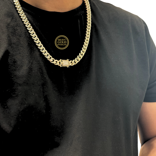 10mm Miami Cuban Link Chain Necklace 14K Heavy Gold-Plate Crystal Stones Clasp – 24"