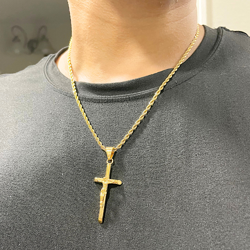 Crucifix Cross Charm Pendant with 14K White Gold or 18k Yellow Gold Rope Necklace, Diamond Cut Fine Jewelry, Great Gift for Men & Women for Any Occasion 20" - Incredible Chic Collections™ LLC