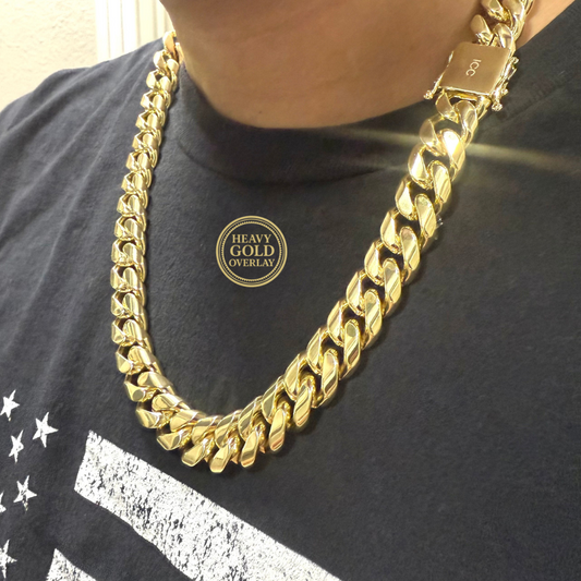 14mm Miami Cuban Link Necklace in 14K Heavy Yellow Gold Overlay – Incredible Chic Men’s Jewelry