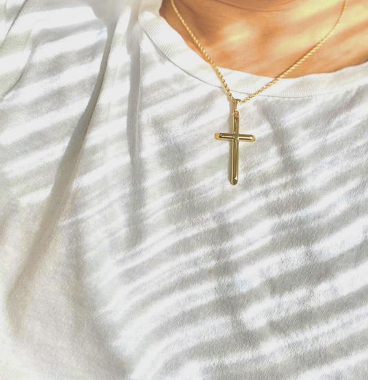 Rope Chain Cross Pendant Necklace in 24K Yellow Gold, 2mm 18",22" Unisex