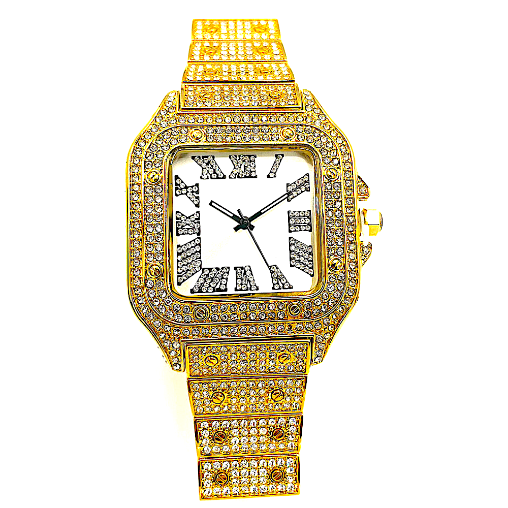 Quartz Iced Out Roman Dial Gold Stainless Steel Strap Watch Gift - Incredible Chic Collections™ LLC