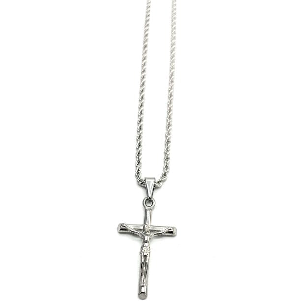 14K White Gold Crucifix Cross Charm Pendant with 14K White Gold Rope Necklace, Diamond Cut Fine Jewelry, Great Gift for Men & Women for Any Occasion 20" - Incredible Chic Collections™ LLC