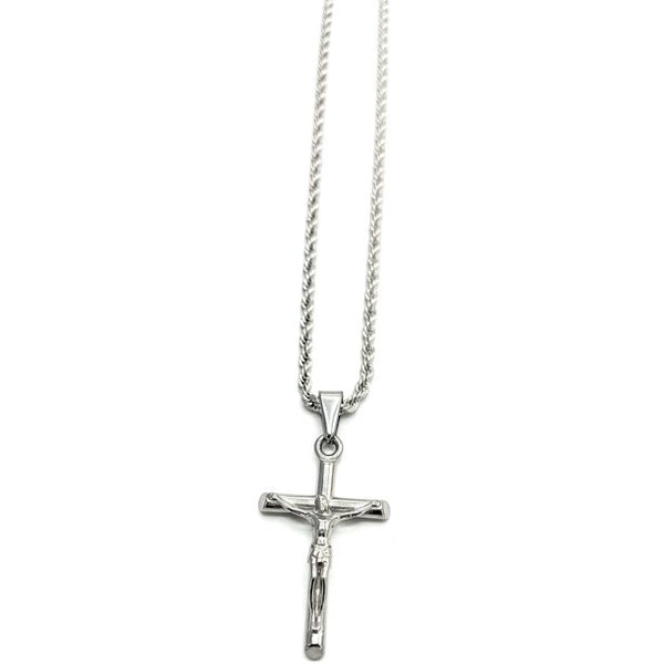 14K White Gold Crucifix Cross Charm Pendant with 14K White Gold Rope Necklace, Diamond Cut Fine Jewelry, Great Gift for Men & Women for Any Occasion 20"