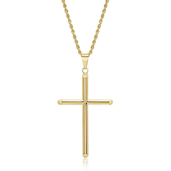 24K 2.5mm or 3mm Gold Rope Chain Style Cross Pendant Necklace Solid Clasp - 18" 20"